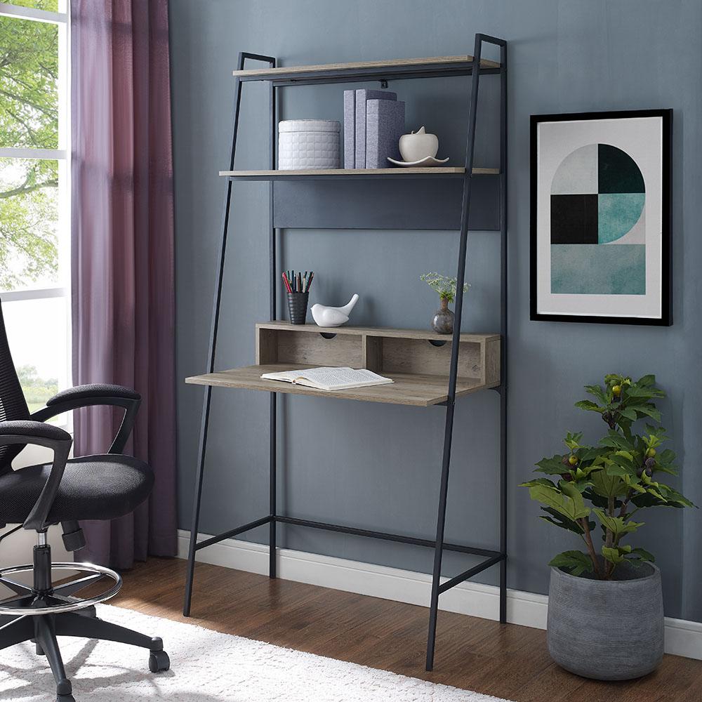 Walker Edison Furniture Company 36 In Rectangular Gray Wash Black Ladder Desks With Cable Management Hd36arlogw The Home Depot