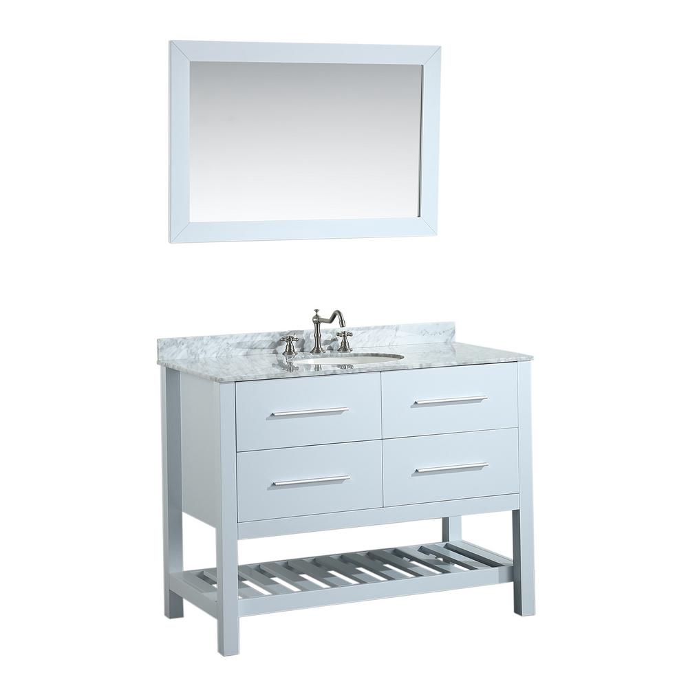 Bosconi 43 In W Single Bath Vanity White With W Single Bath Vanity In White With Carrara Marble Top Basin And Mirror
