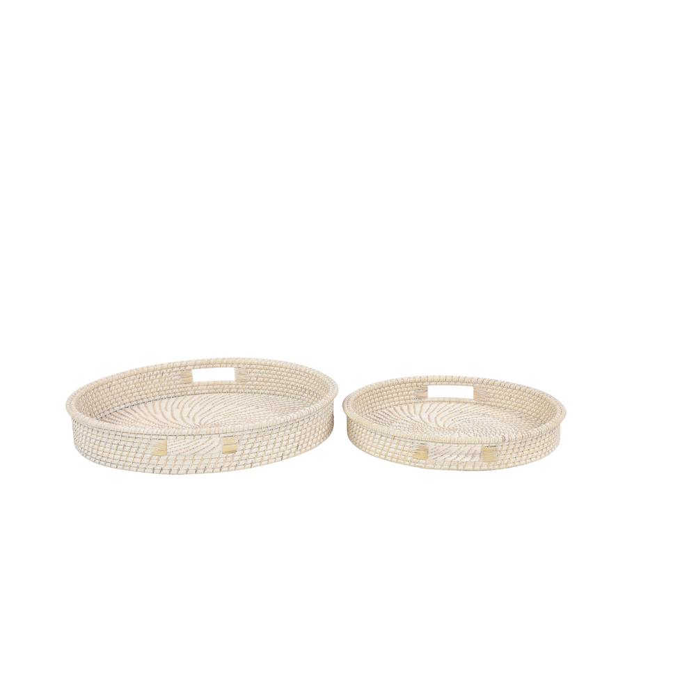 Litton Lane Round White Handwoven Bamboo Decorative Trays Set Of