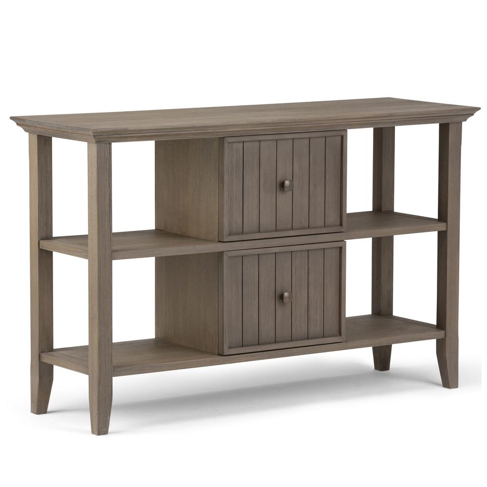 Simpli Home Acadian Solid Wood 48 In Wide Rustic Console Sofa Table Wide Rustic Console Sofa Table In Farmhouse Grey
