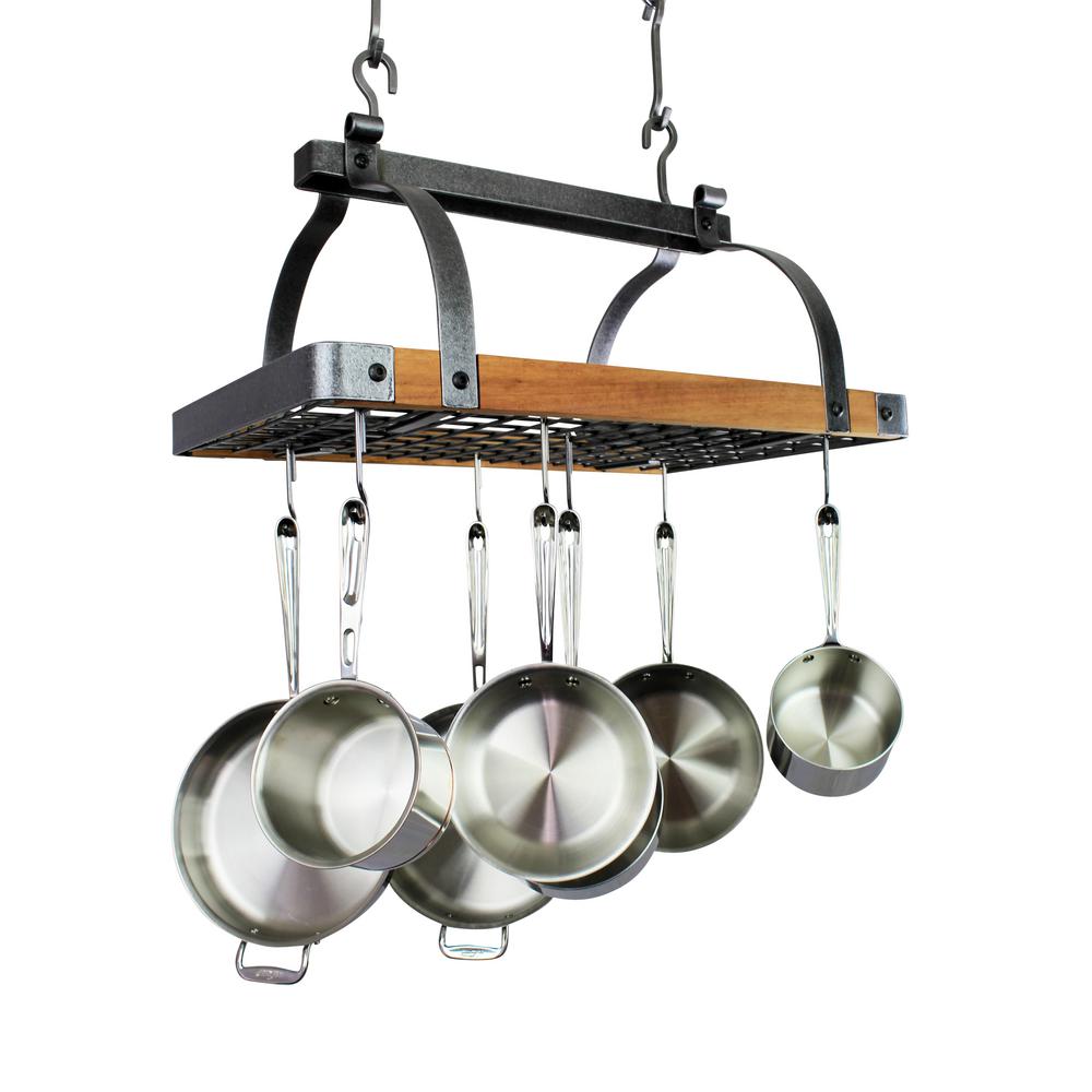 Signature 30 In Rectangle Ceiling Pot Rack Hammered Steel W Tigerwood W 18 Hooks