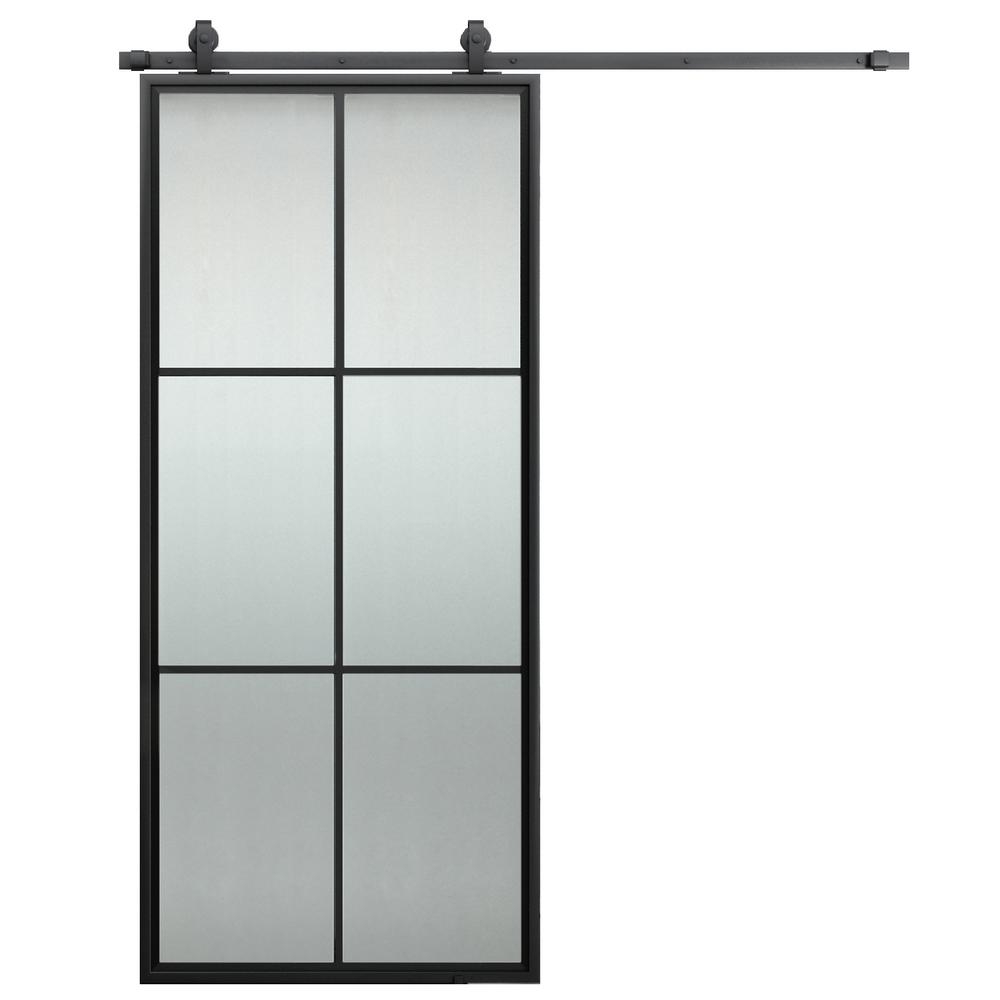 38 In X 84 In Black Metal 6 Lite Barn Door With Tempered Sandblasted Glass Black Top Mounted Hardware Kit And Handle
