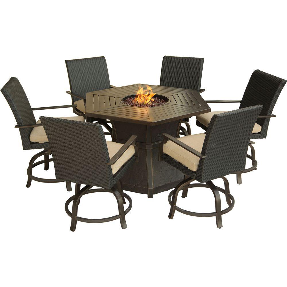 Hanover Aspen Creek 7Piece Patio Fire Pit Dining Set with Natural Oat