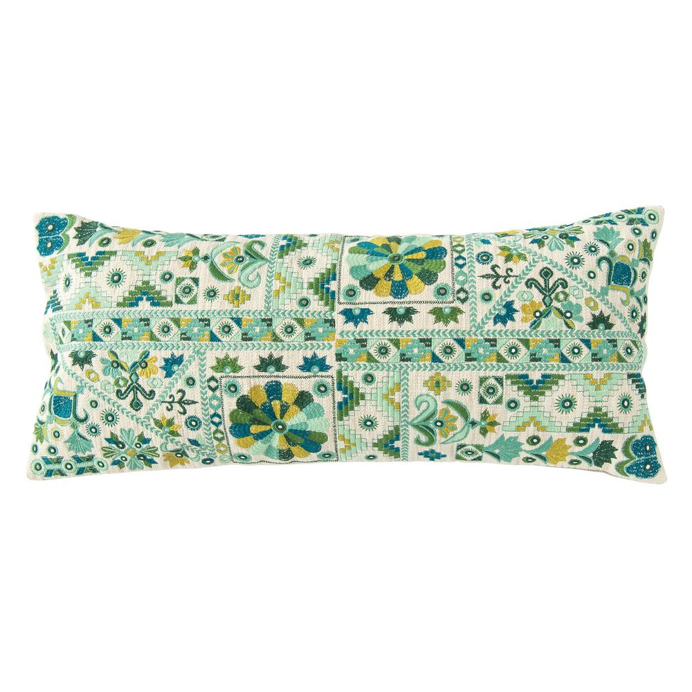 3r Studios Teal And Mustard Patchwork Embroidered Lumbar 32 In X