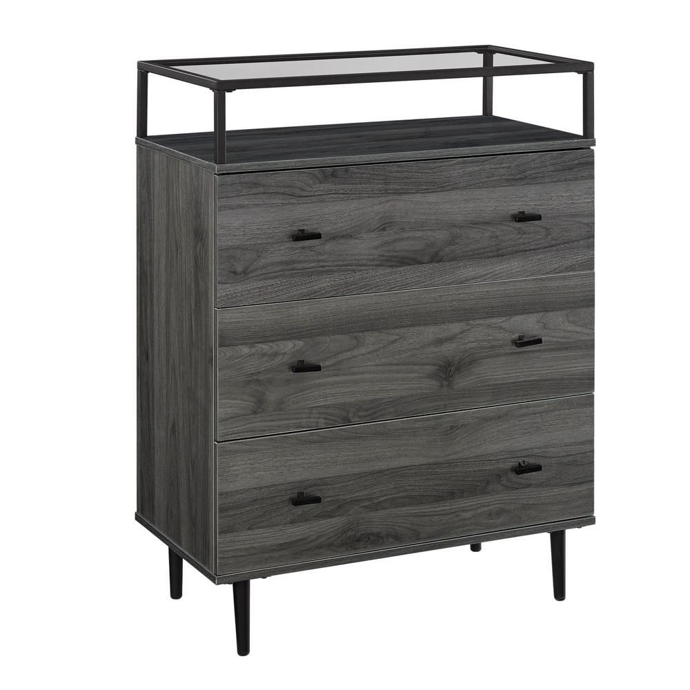 Modern Glass Top 3 Drawer Slate Grey Dresser Hd8178 The Home Depot