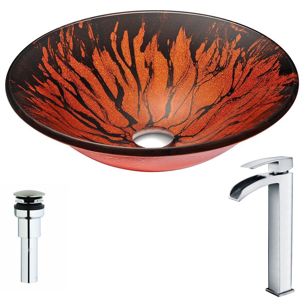 ANZZI Forte Series Deco-Glass Vessel Sink in Lustrous Red and Black with Key Faucet in Polished Chrome