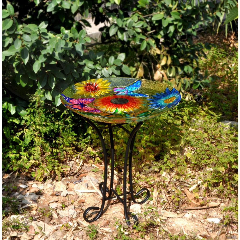 Hi-Line Gift 78415-E Solar Glass Peacock Feathers Bird Bath with Stand