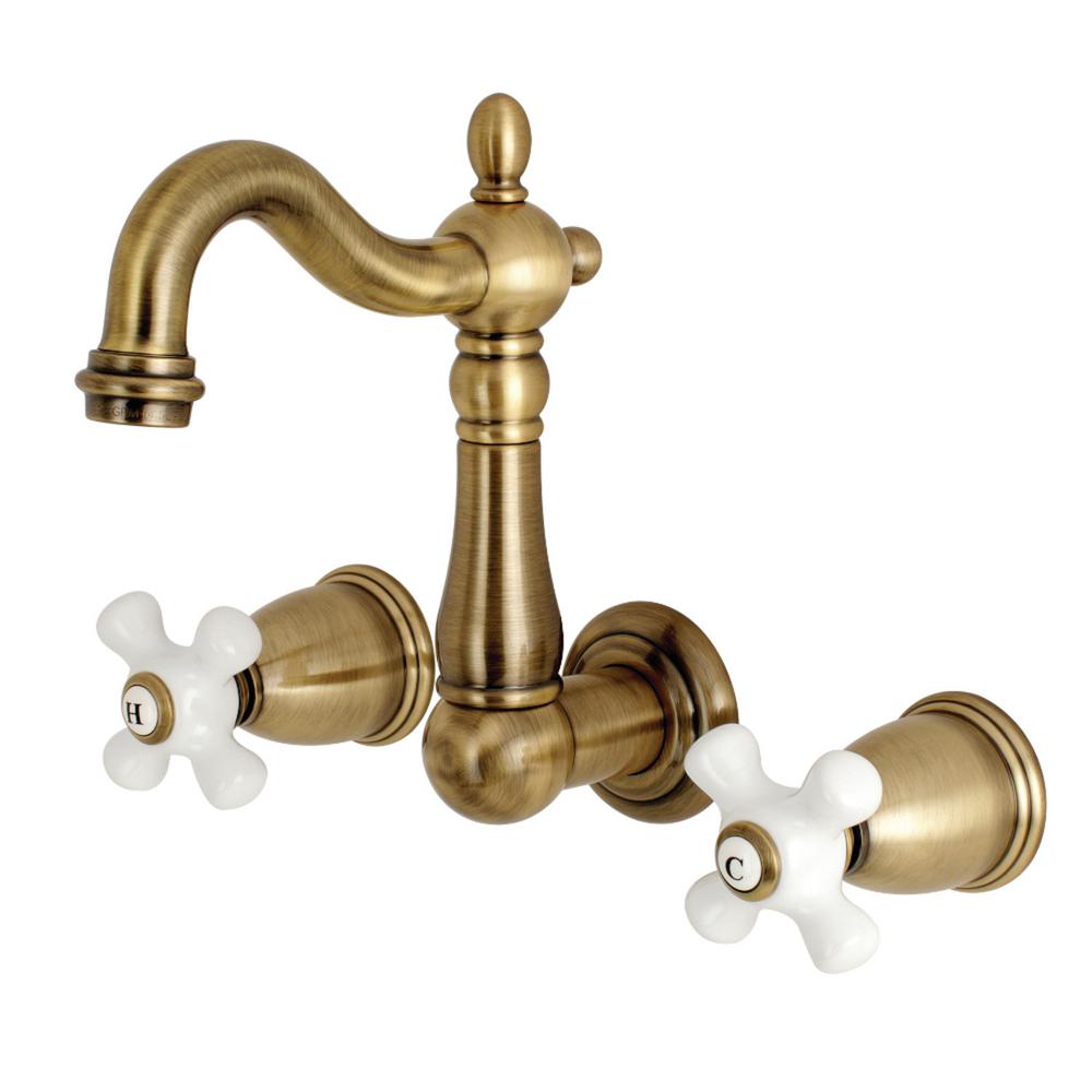 Kingston Brass Heritage 2 Handle Wall Mount Bathroom Faucet In Antique Brass Hks1223px The Home Depot