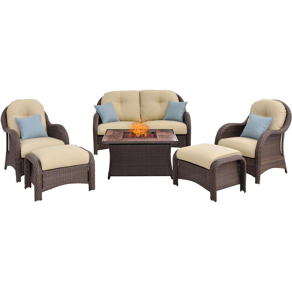 Hanover Newport 6 Piece Woven Patio Seating Set With Wood Grain