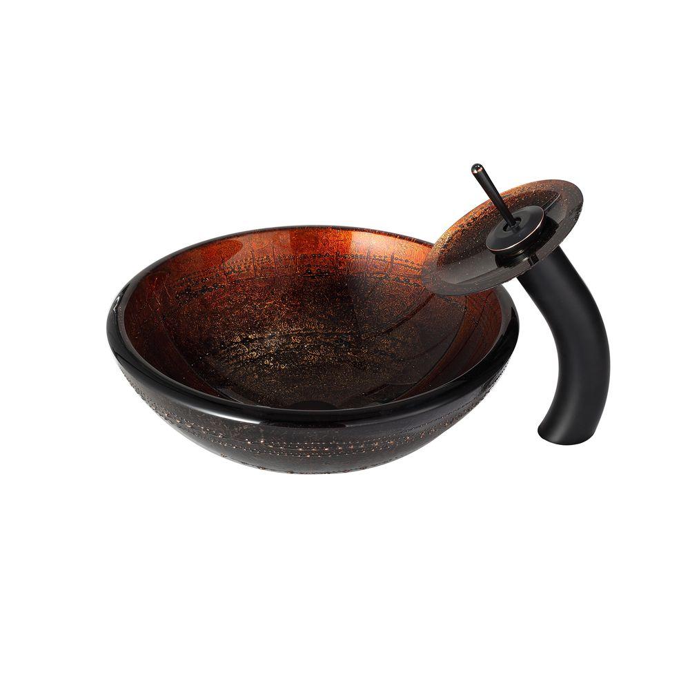 KRAUS Prometheus Glass Vessel Sink in Brown with Waterfall Faucet in