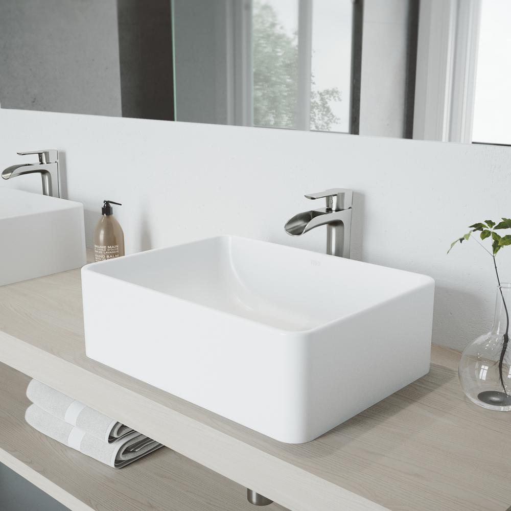 Vigo Amaryllis Matte Stone Vessel Bathroom Sink And Brushed Nickel Niko Faucet Set With Pop Up Drain In White