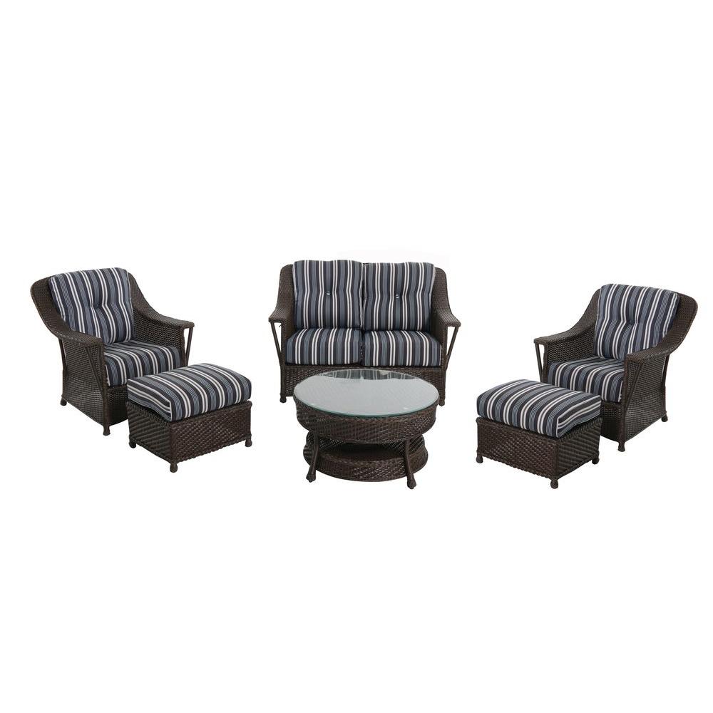 Nantucket 6 Piece Wicker Patio Set With Blue Stripe Cushions