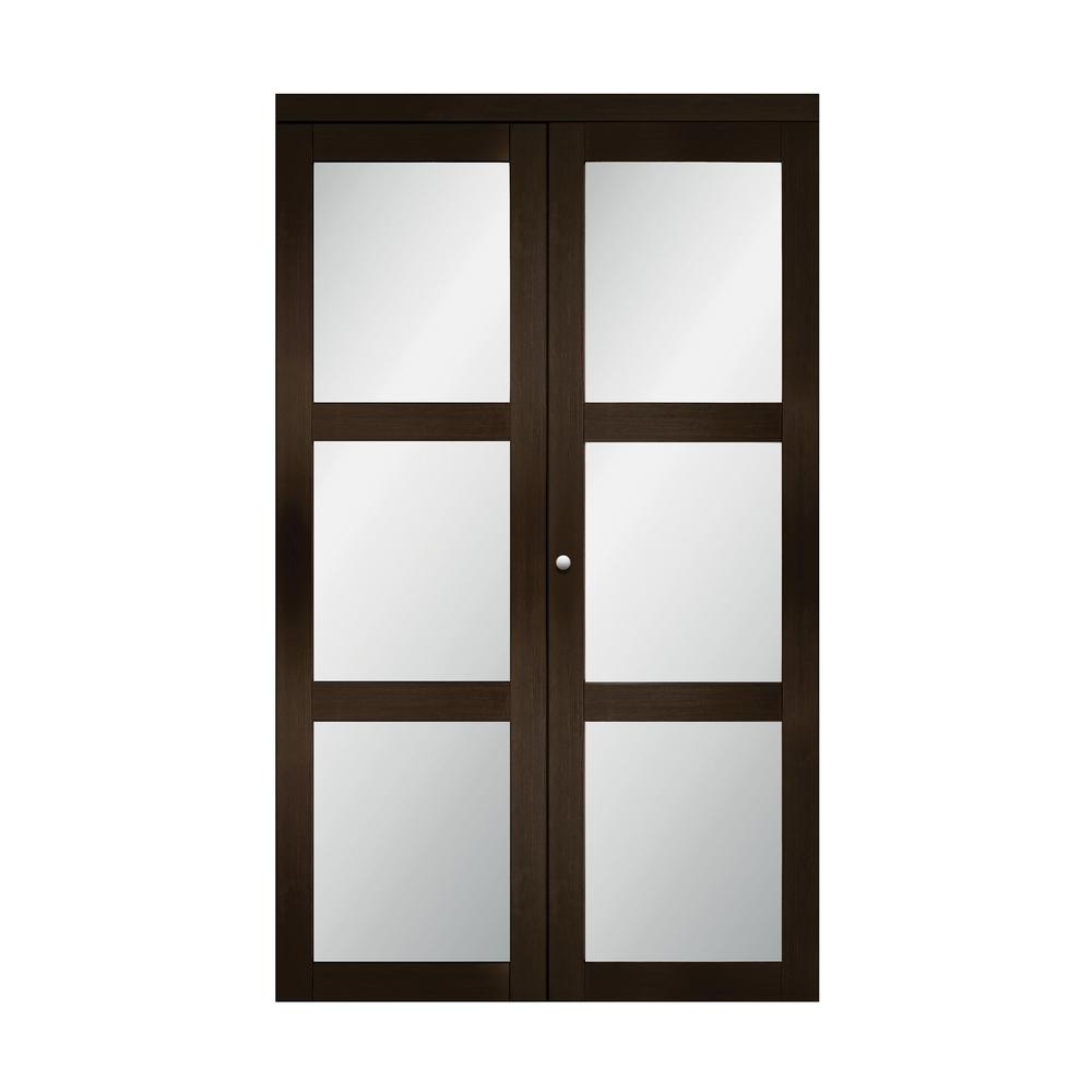 TRUporte 36 in. x 80.5 in. 3/4 Lite Frosted Glass Solid MDF Core Espresso Finished MDF Bi-Fold Closet Door, Brown