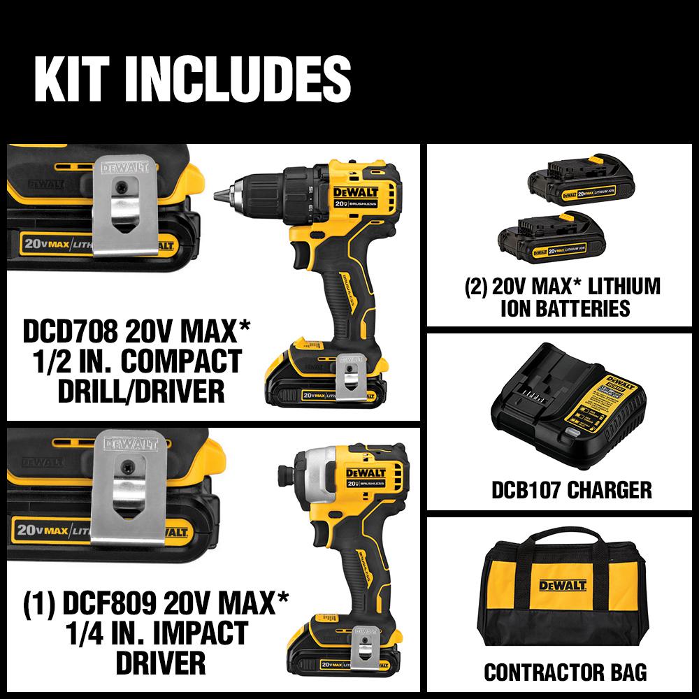 ATOMIC 20-Volt MAX Lithium-Ion Brushless Cordless Compact Drill/Impact Combo Kit (2-Tool) 2 Batteries 1.3Ah and Charger