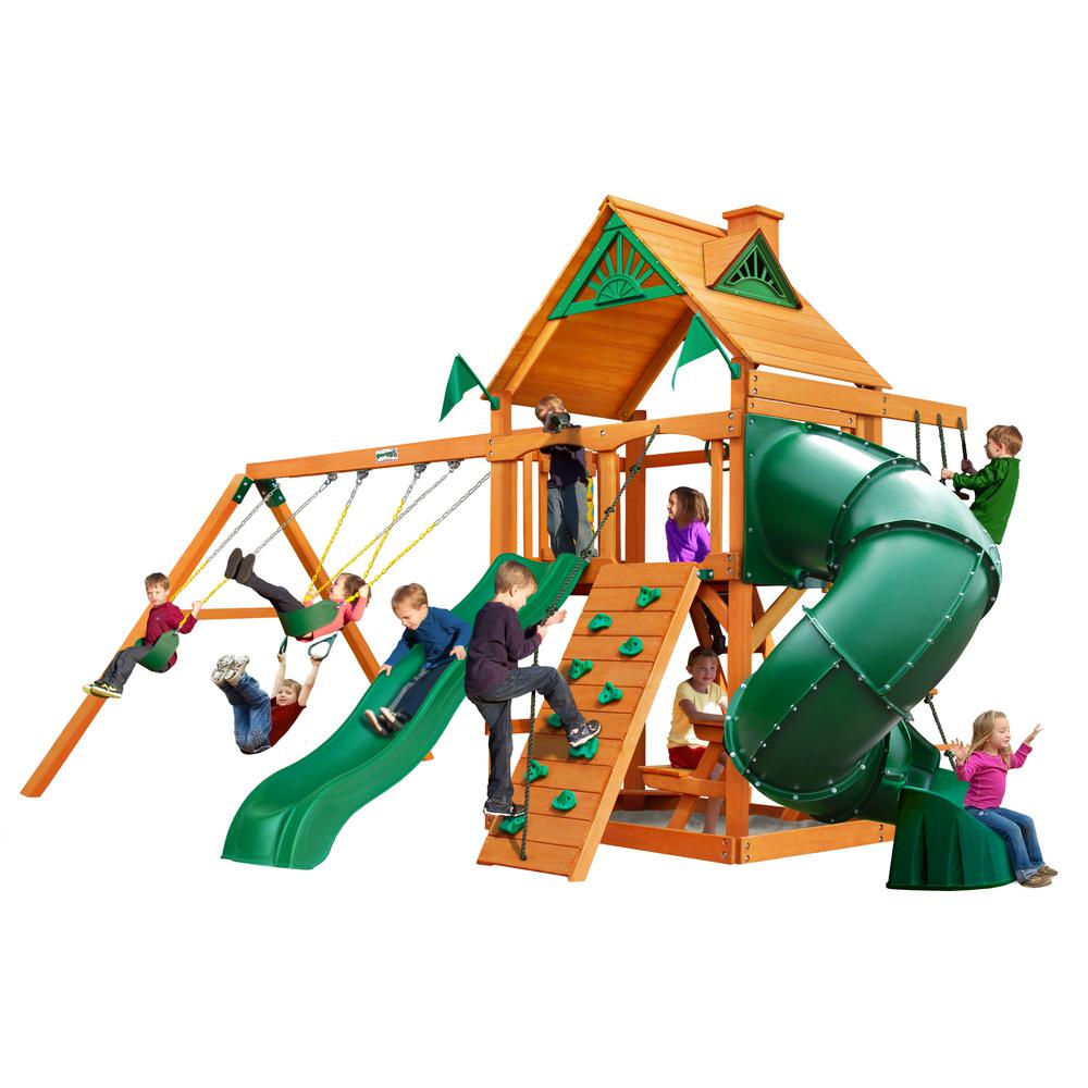 Gorilla Playsets Mountaineer Wooden Swing Set With 2 Slides And Picnic Table