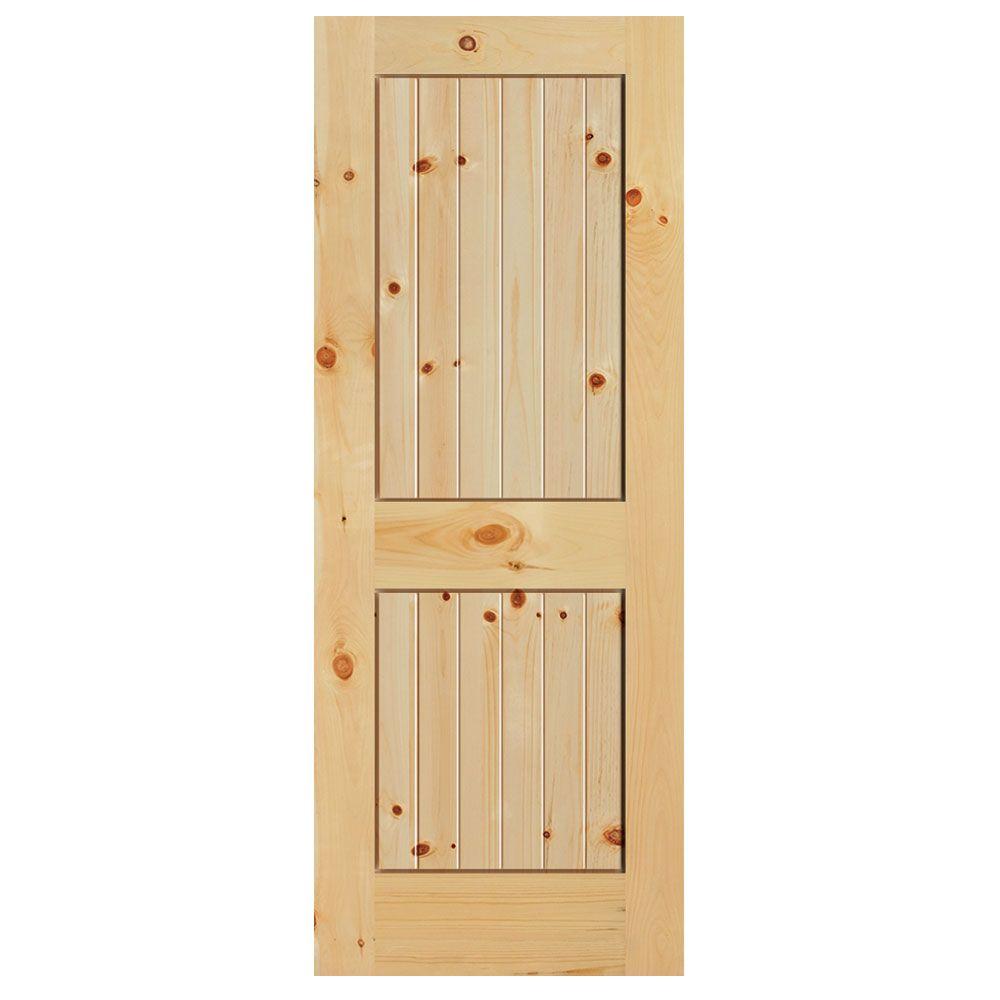 Masonite 40 In X 84 In Knotty Pine Veneer 2 Panel Plank V Groove Solid Wood Interior Barn Door Slab