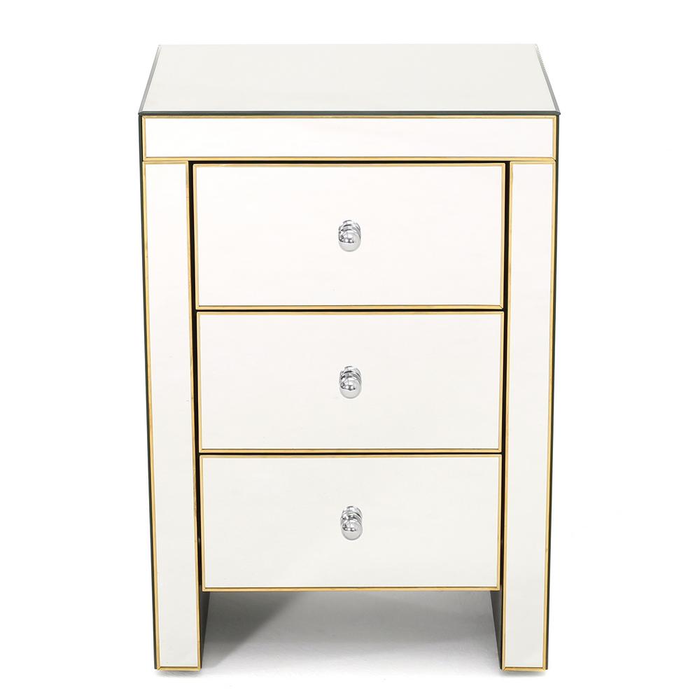 Noble House Lenorr Mirrored 3 Drawer Side Table With Gold Wooden