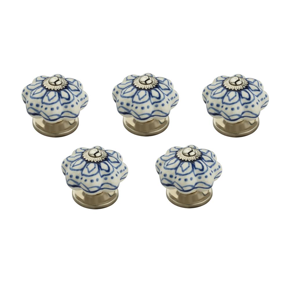 Mascot Hardware Blue Flowerd 1 7 10 In 43 Mm White Cabinet Knob