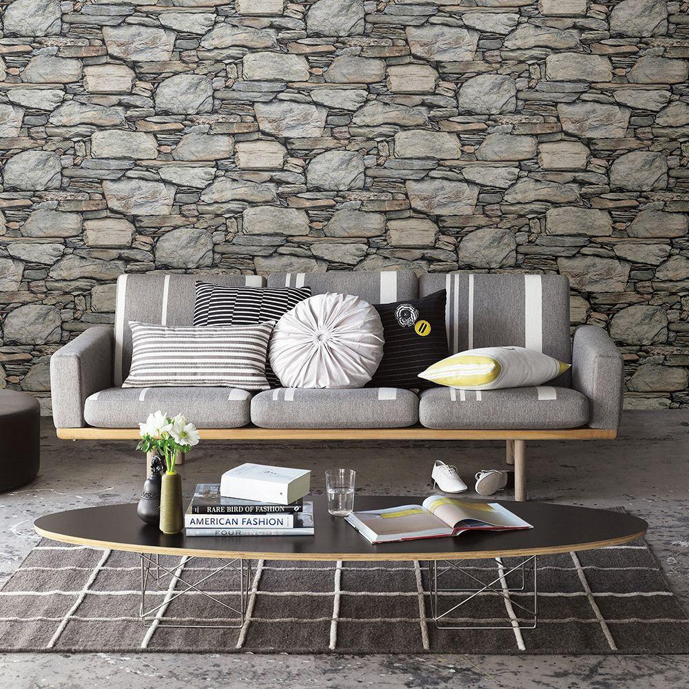 Brewster Grey Stone Wall Historic Wallpaper Sample 2701 22304sam