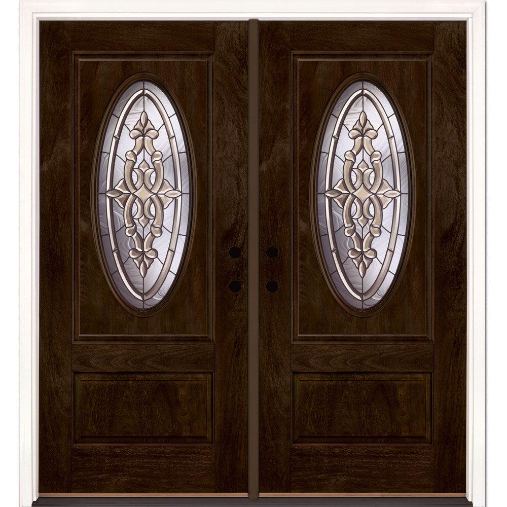 Double Door Front Doors Exterior The Home Depot 74 In X81 625in Silverdale Patina 3 4 Oval Lt Stained Chestnut