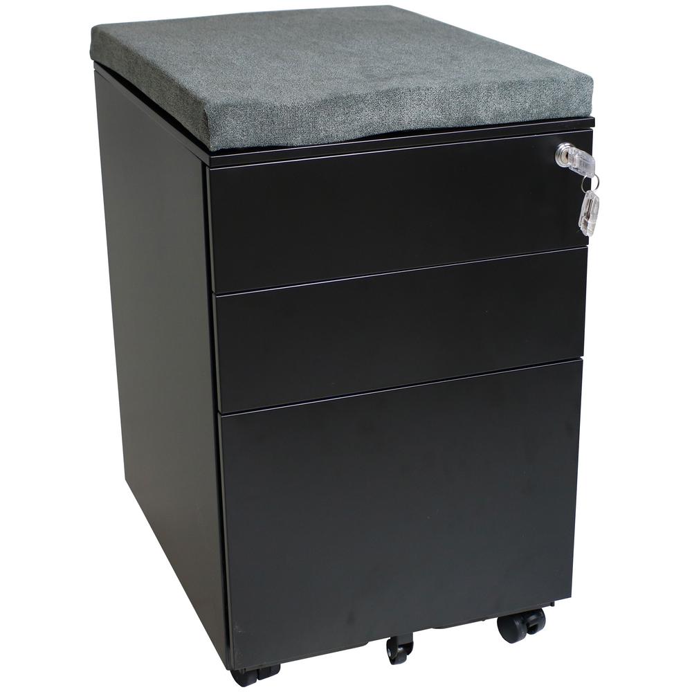 Casl Brands Rolling Black File Cabinet With Lock And Gray Cushion