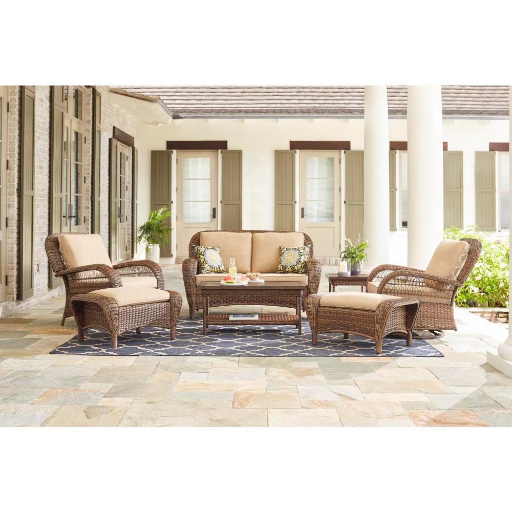 Hampton Bay Cambridge Brown 4Piece Wicker Patio Conversation Set with Blue Cushions6517148B4