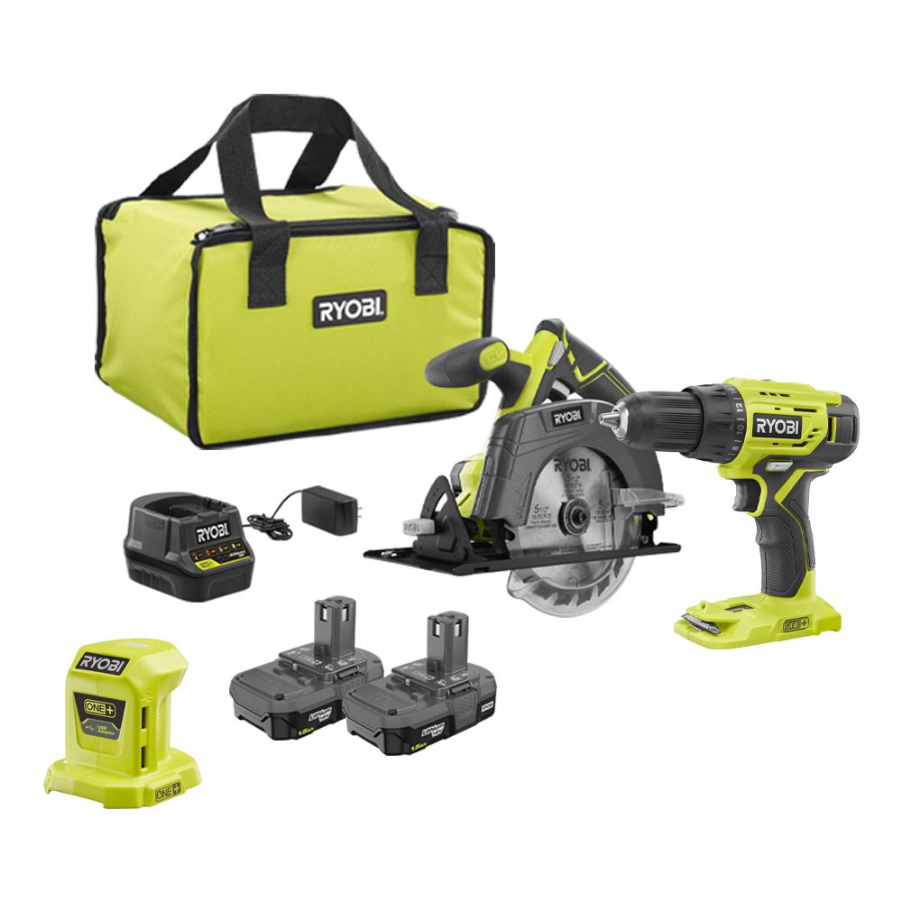 RYOBI 18-Volt Cordless ONE+ Drill/Driver, Circular Saw Kit w/(2) 1.5 Ah ...