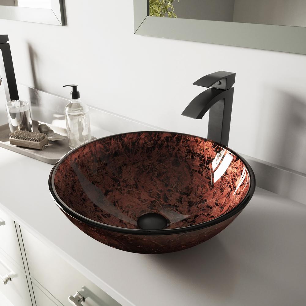 VIGO Glass Vessel Sink in Mahogany Moon and Duris Faucet Set in Matte ...