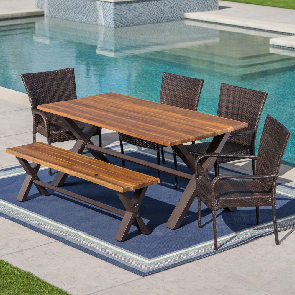 Noble House Teak Brown 6 Piece Wicker Wood And Iron Rectangular