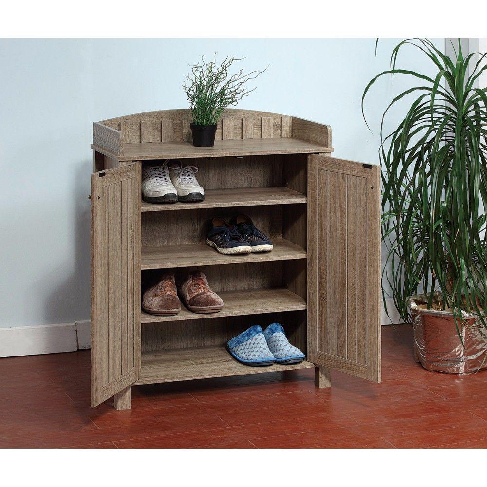 Benzara Slatted Pattern Shoe Cabinet With Molded Top Brown