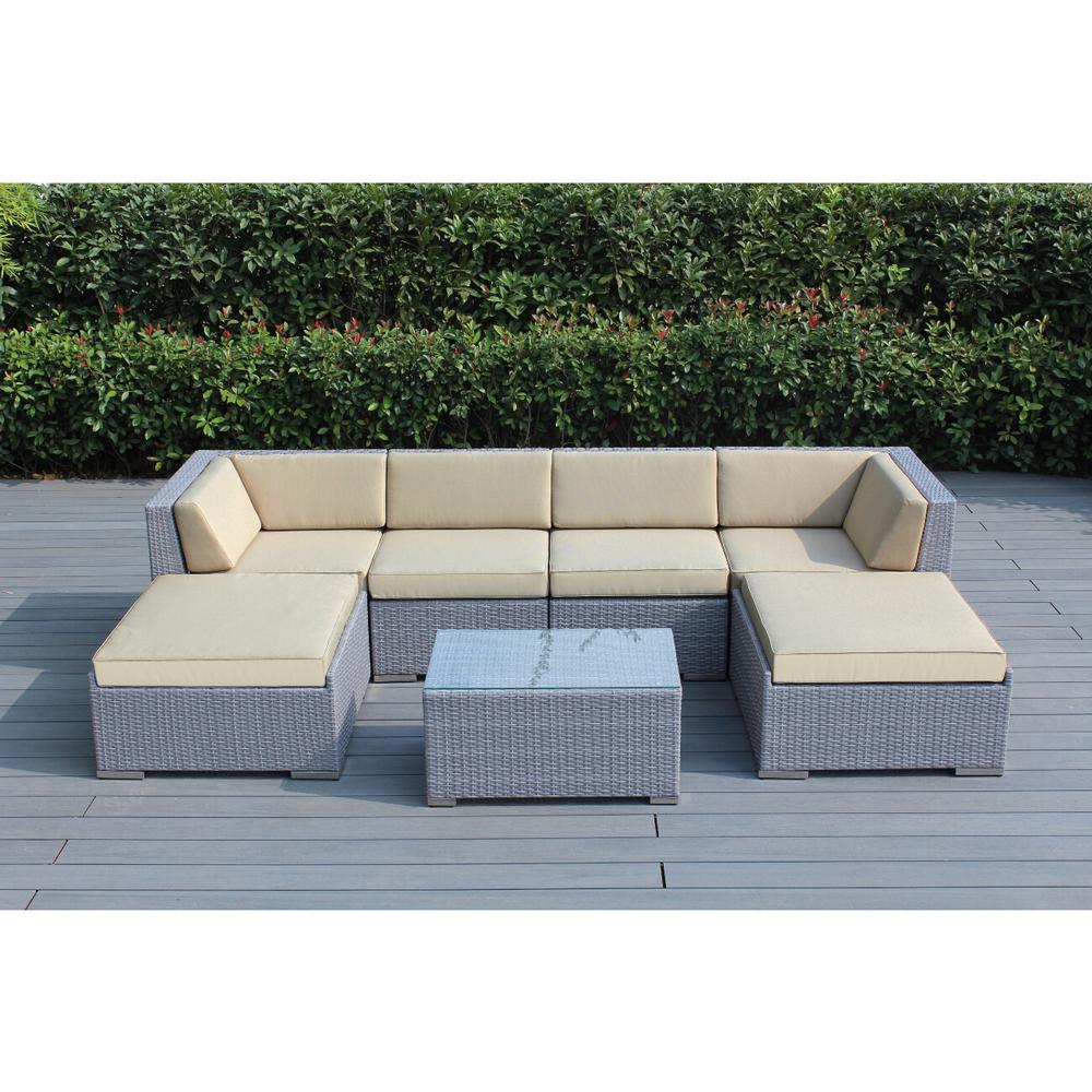 Ohana Depot Gray 7 Piece Wicker Patio Seating Set With Ohana Gray 7 Piece Wicker Patio Seating Set With Sunbrella Antique Beige Cushions
