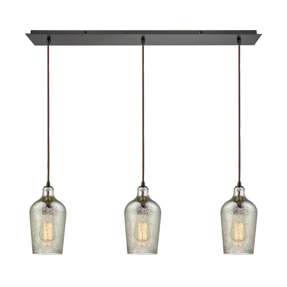 Titan Lighting Hammered Glass 3 Light Linear Pan In Oil Rubbed Bronze With Hammered Mercury Glass Pendant