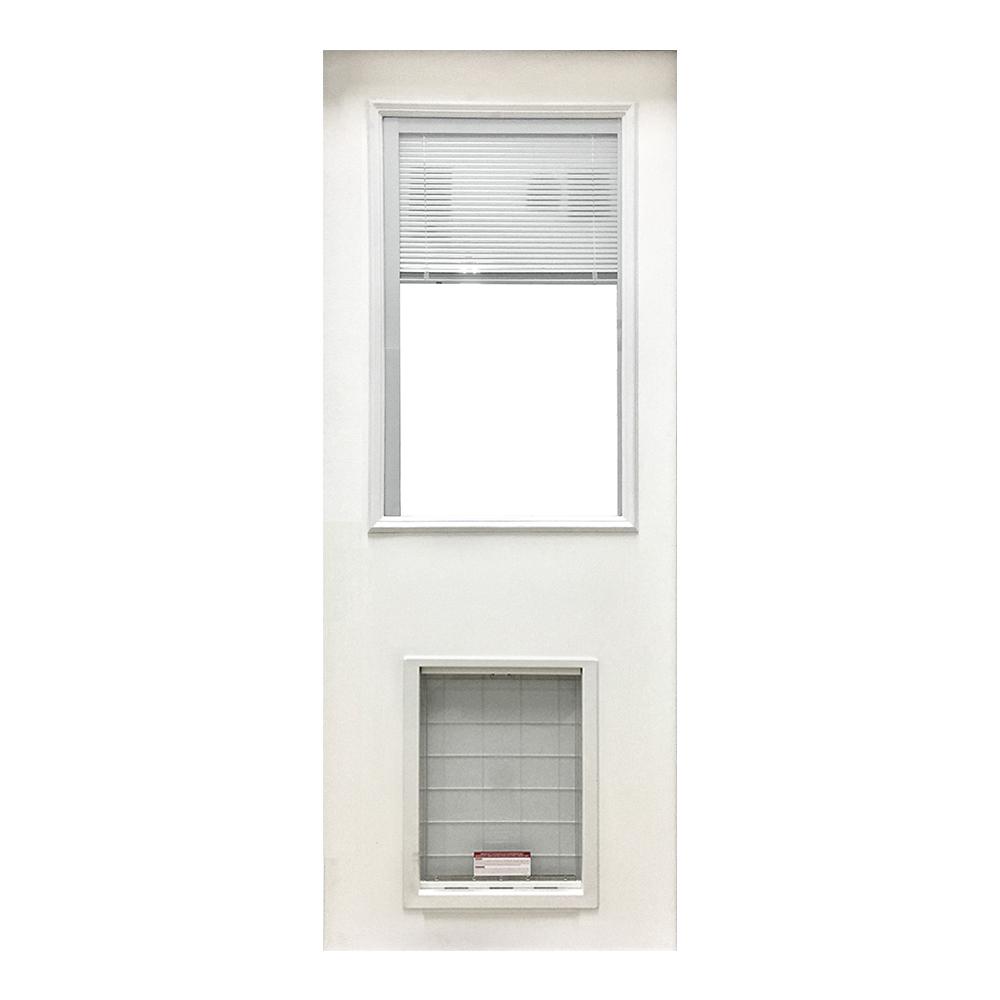Steves Sons 31 3 4 In X 79 Clear Half Lite Mini Blind White Clear Half Lite Mini Blind White Primed Fiberglass Front Door Slab With Super Large Pet