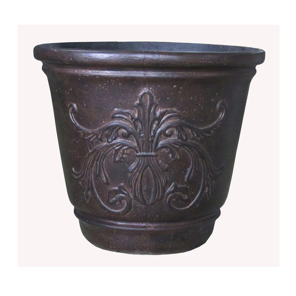 24 in. Round Bronze Cast Stone Fleur de lis Planter-PS6844B - The Home