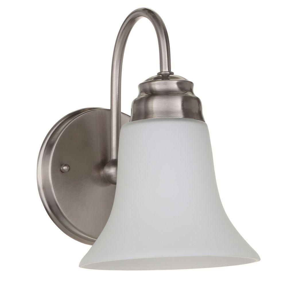 1Light Brushed Nickel Sconce with Frosted White Glass Shade