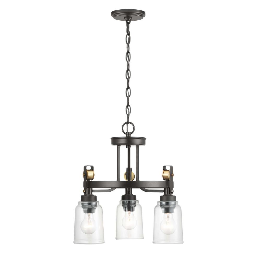 Home Decorators Collection Knollwood 3-Light Blackened Bronze Chandelier with Vintage Brass Accents and Clear Glass Shades