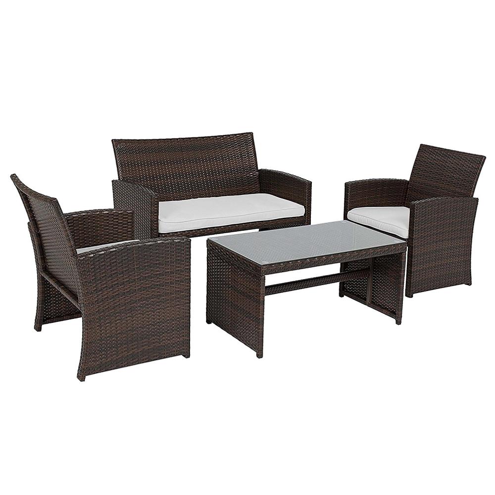 ALEKO 4-Piece Rattan Patio Furniture Set With White Cushions-RF4BR 4-Piece Rattan Patio Furniture Set with White Cushions - ALEKO 4-Piece Rattan Patio Furniture Set With White Cushions-RF4BR