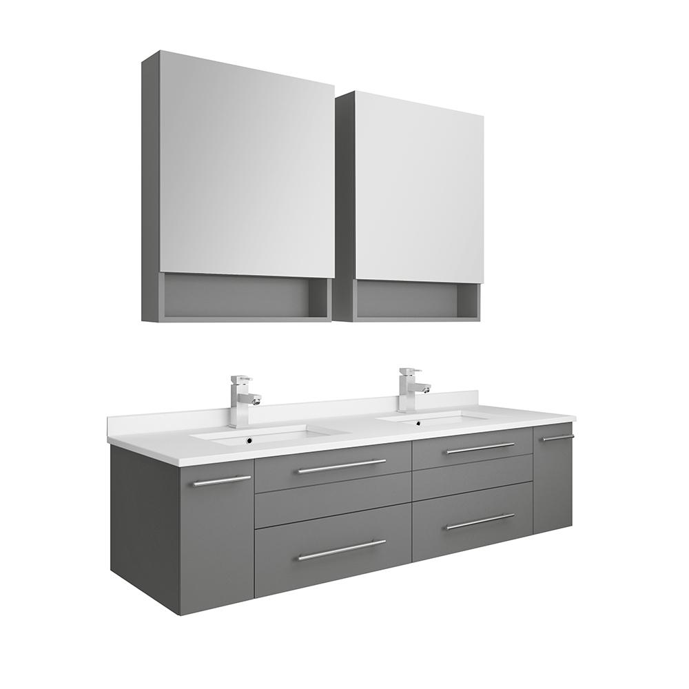 Fresca Lucera 60 In W Wall Hung Vanity In Gray With Quartz Double Sink Vanity Top In White With White Basins Medicine Cabinet Fvn6160gr Uns D The Home Depot