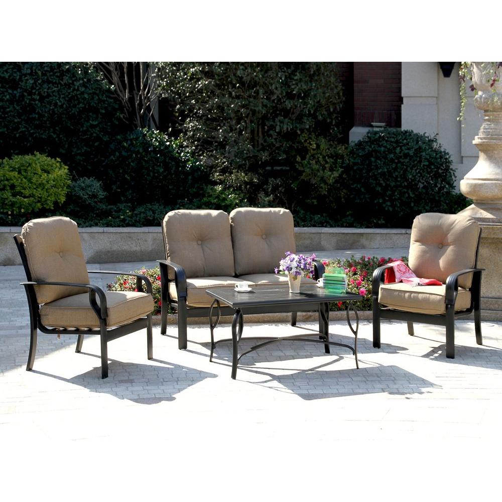Sunbrella Fabric Patio Conversation Sets Outdoor Lounge Sereno Bay 4 Piece Patio Conversation Set With Sunbrella Linen Sesame Cushions