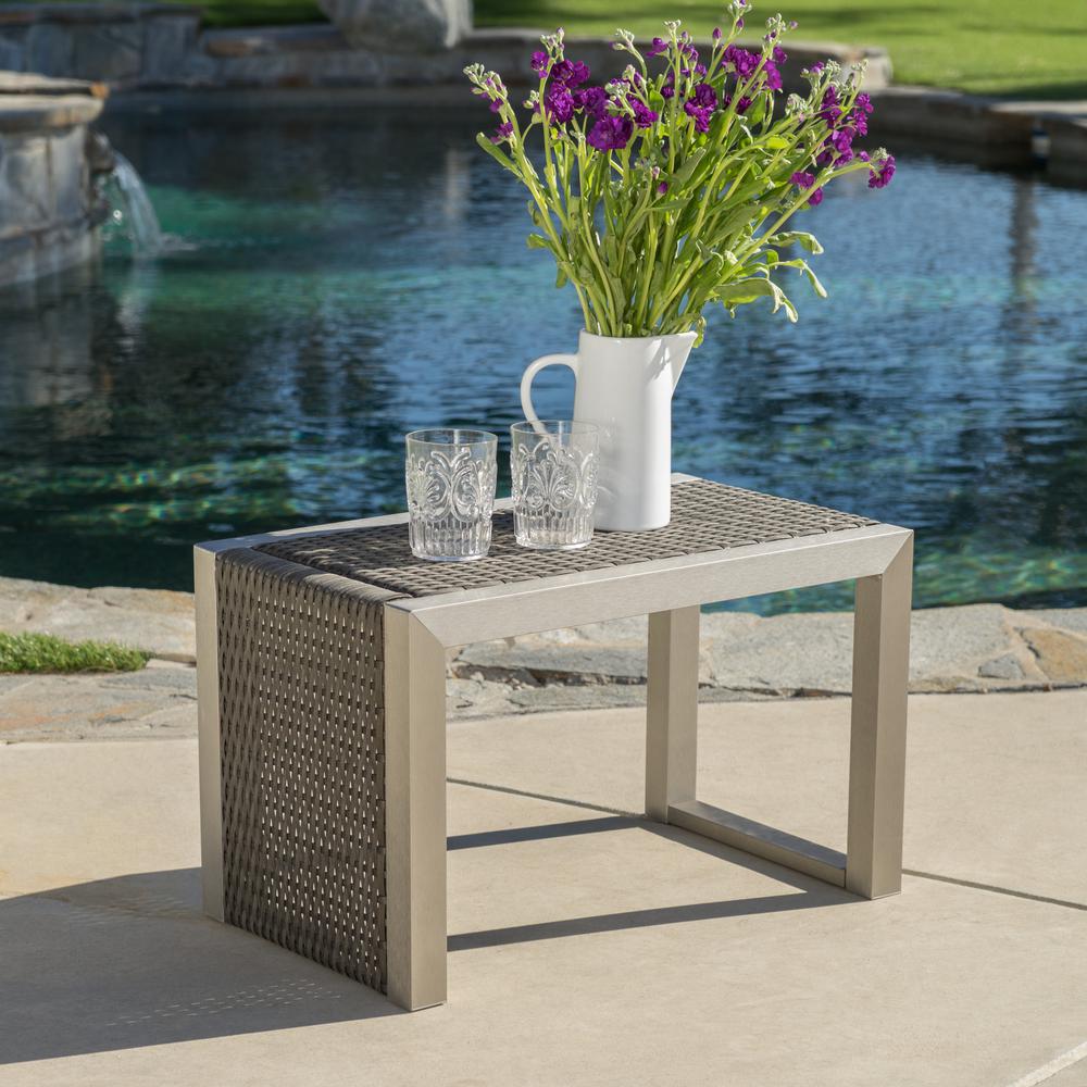 Noble House Valentina Grey Wicker C Shaped Outdoor Side Table
