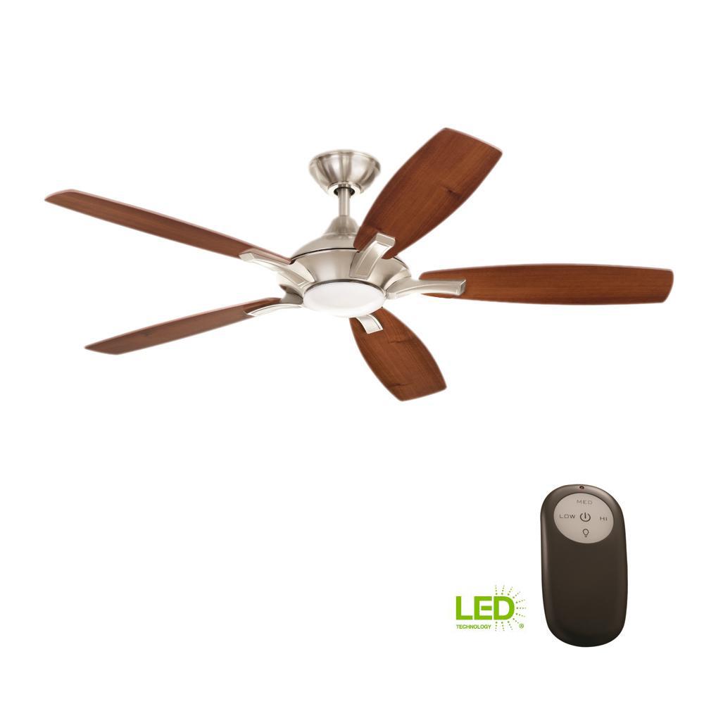 Home Decorators Collection Petersford 52 in. Integrated LED Indoor Brushed Nickel Ceiling Fan with Light Kit and Remote Control