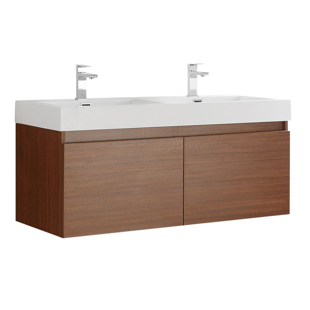 Fresca Mezzo 48 In Modern Wall Hung Bath Vanity In Teak With Double Vanity Top In White With White Basins Fcb8012tk I The Home Depot