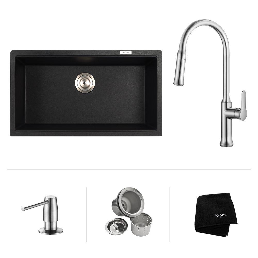 Kraus All In One Undermount Granite Composite 32 In Single Bowl Kitchen Sink With Faucet And Pop Up Drain In Chrome