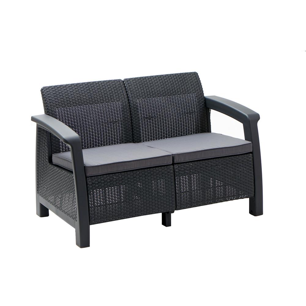 Keter AllWeather Plastic Patio Loveseat Bahamas with Gray Cushion