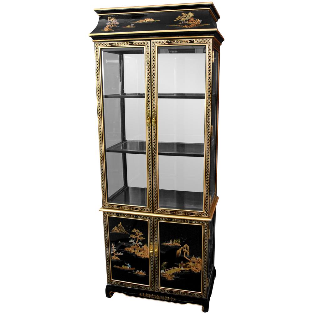 Oriental Furniture Black Lacquer Landscape Ming Pagoda Top Curio