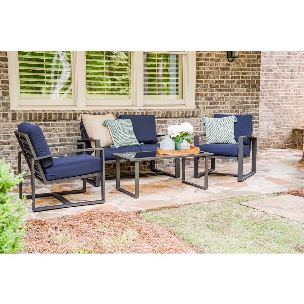 Leisure Made Jasper 4 Piece Aluminum Patio Conversation Set With Navy Cushions 967003 Nvy The Home Depot