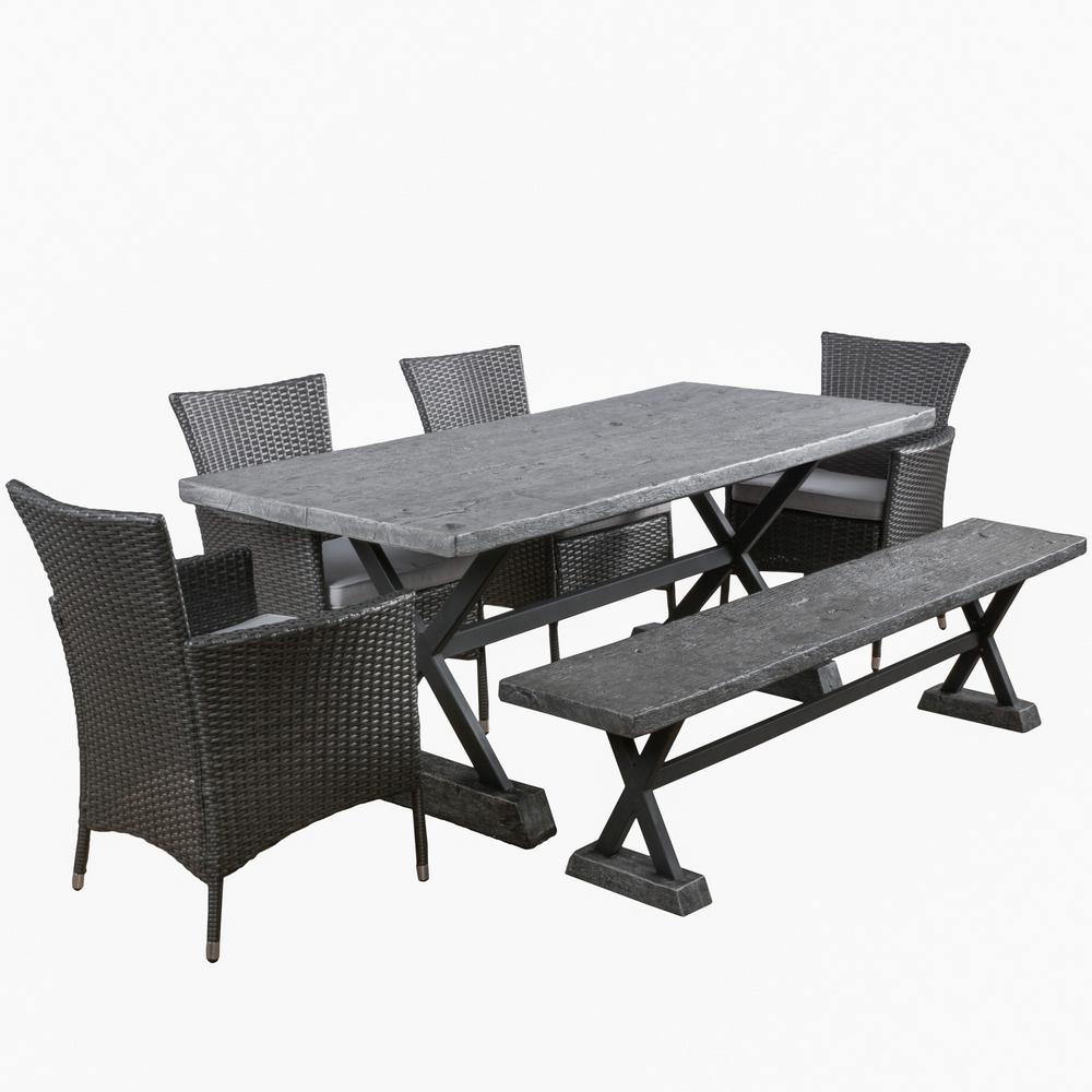 Le House Frida 6 Piece Stone Rectangular Outdoor Dining Set With Frida 6 Piece Stone Rectangular Outdoor Dining Set With Bench And Silver Cushions