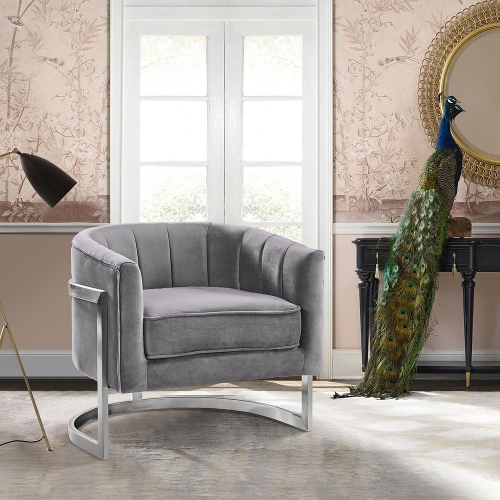 Armen Living Kamila Grey Velvet And Brushed Stainless Steel Armen Living Kamila Grey Velvet And Brushed Stainless Steel Contemporary Accent Chair Lckmchgray The Home Depot