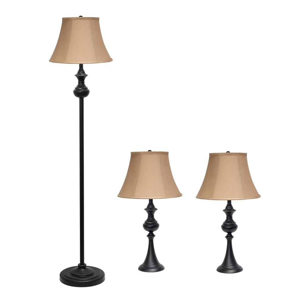 Elegant Designs Traditionally Crafted Restoration Bronze Lamp Set 2 Table Lamps 1 Floor With Tan Shades 3 Pack