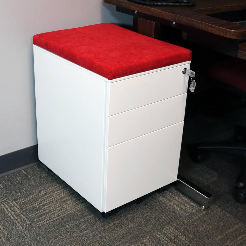 Casl Brands Rolling White File Cabinet With Lock And Red Cushion